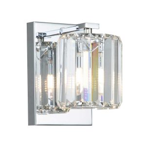 Quoizel Devine single polished chrome and crystal bathroom wall light on white background, lit