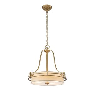 Quoizel Gotham modern 4 light designer pendant in brushed brass, full height on white background