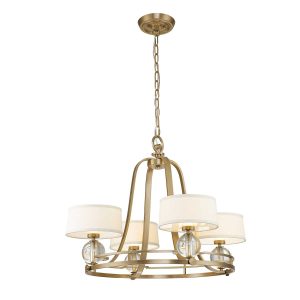 Quoizel Gotham modern 4 light designer chandelier in brushed brass, full height on white background, lit