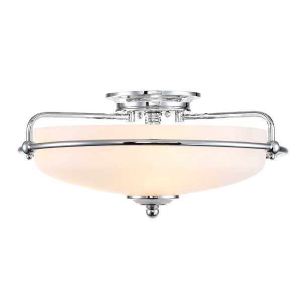 Quoizel Griffin Art Deco style 3 light flush ceiling light in polished chrome on white background