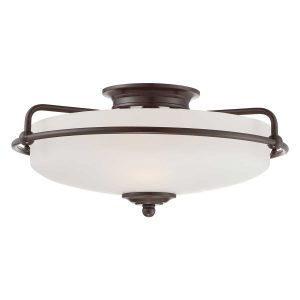 Quoizel Griffin Art Deco style 3 light flush ceiling light in Palladian bronze on white background