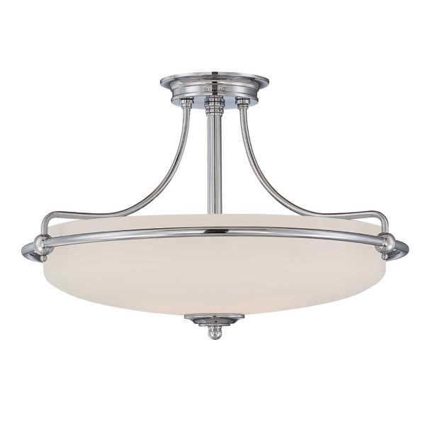 Quoizel Griffin Art Deco style 4 light semi flush ceiling light in polished chrome on white background