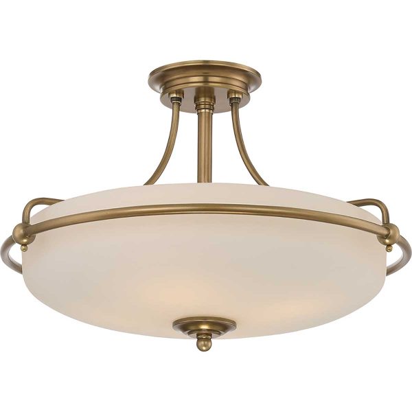 Quoizel Griffin Art Deco style 4 light semi flush ceiling light in weathered brass on white background