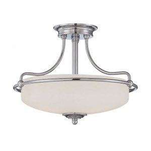 Quoizel Griffin Art Deco style 3 light semi flush ceiling light in polished chrome on white background