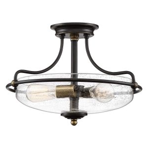 Griffin 3 light semi flush ceiling light in Palladian bronze with seeded glass shade on white background