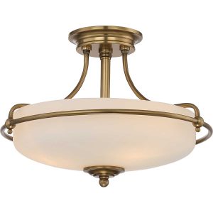 Griffin Art Deco style 3 light semi-flush ceiling light in weathered brass on white background