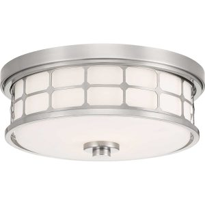 Guardian 2 light flush bathroom ceiling light in brushed nickel on white background