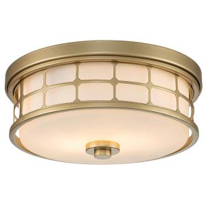 Guardian 2 light flush bathroom ceiling light in painted natural brass on white background lit