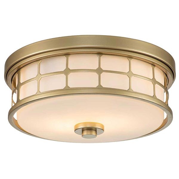 Guardian 2 light flush bathroom ceiling light in painted natural brass on white background lit