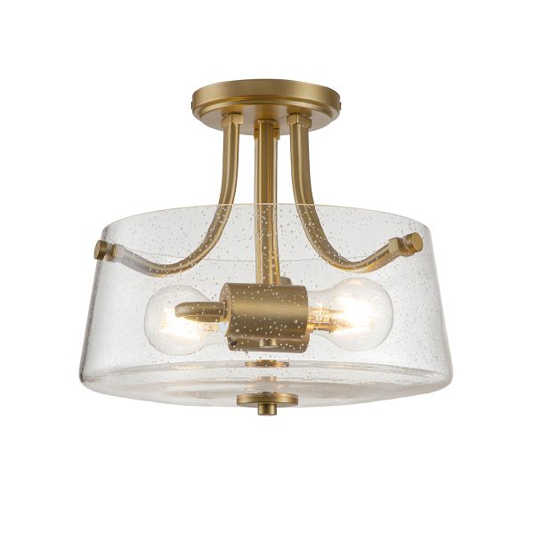 Quoizel Hollister traditional 2 light semi flush ceiling light in brushed brass on white background, lit