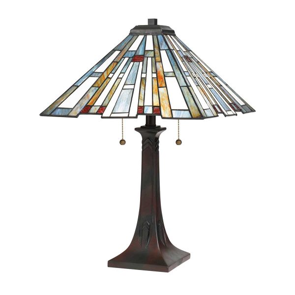 Quoizel Maybeck 2 light Art Deco style Tiffany table lamp on white background