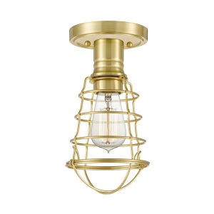 Quoizel Mixon 1 light flush industrial ceiling light in brushed brass on white background, lit