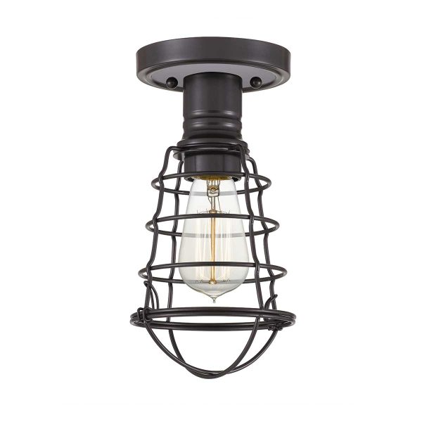 Quoizel Mixon single flush industrial ceiling light in Palladian bronze on white background