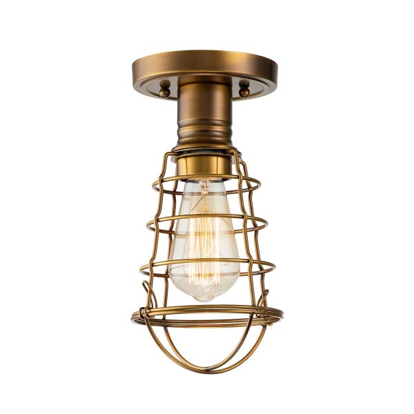 Quoizel Mixon 1 light flush industrial ceiling light in weathered brass on white background, lit