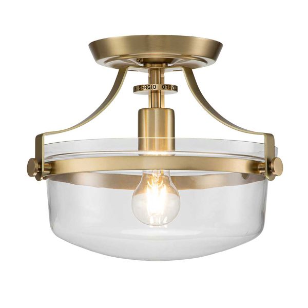 Quoizel Penn Station 1 light brushed brass flush ceiling light on white background, lit