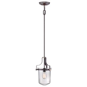 Quoizel Penn Station small 1 light western bronze ceiling pendant, full height on white background, lit