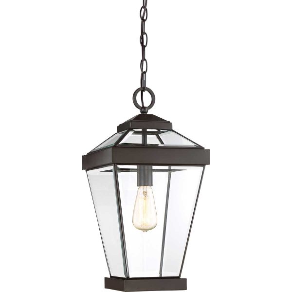 Quoizel Ravine large outdoor porch chain lantern in western bronze on white background, lit