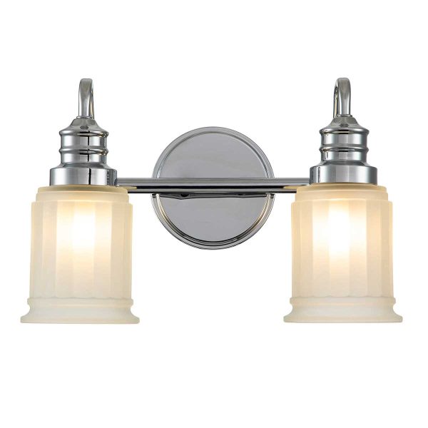 Quoizel Swell twin polished chrome bathroom wall light on white background lit