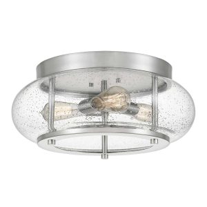 Quoizel Trilogy 3 light flush mount ceiling light in brushed nickel on white background