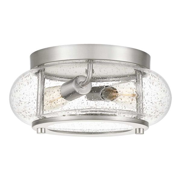 Quoizel Trilogy 2 light flush mount ceiling light in brushed nickel on white background