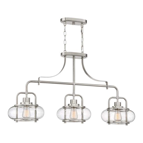 Quoizel Trilogy 3 light island pendant in brushed nickel, shown full height on white background