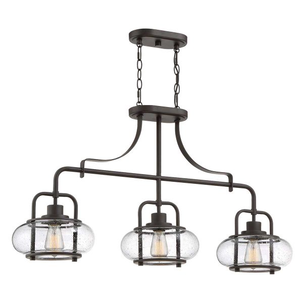 Quoizel Trilogy 3 light island pendant in old bronze, full height on white background