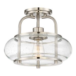 Quoizel Trilogy 1 lamp small semi flush light in brushed nickel on white background, lit