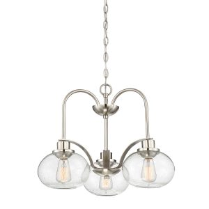 Quoizel Trilogy 3 light chandelier pendant in brushed nickel on white background, lit