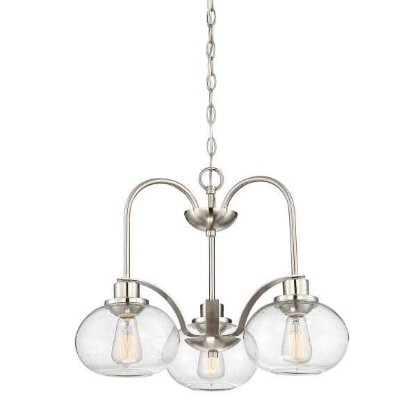 Quoizel Trilogy 3 light chandelier pendant in brushed nickel on white background, lit