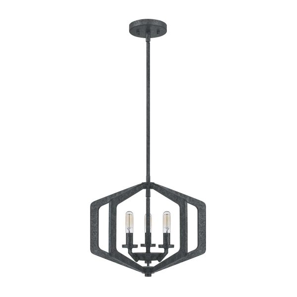 Quoizel Vanguard 3 light ceiling pendant in old black finish, full height on white background