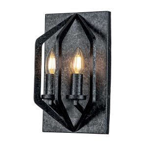 Quoizel Vanguard twin wall light in old black finish with Gothic style on white background, lit