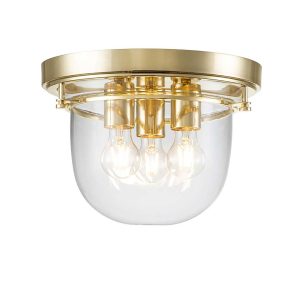 Whistling 3 light polished brass flush bathroom light on white background