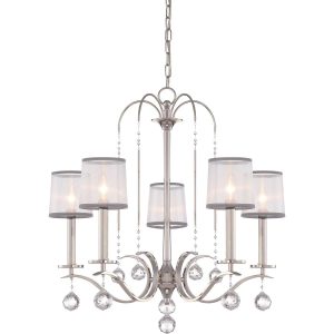 Quoizel Whitney 5 light chandelier in imperial silver finish with white organza shades on white background.