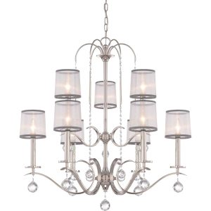 The Quoizel Whitney 9 light chandelier in imperial silver finish with white organza shades on white background.