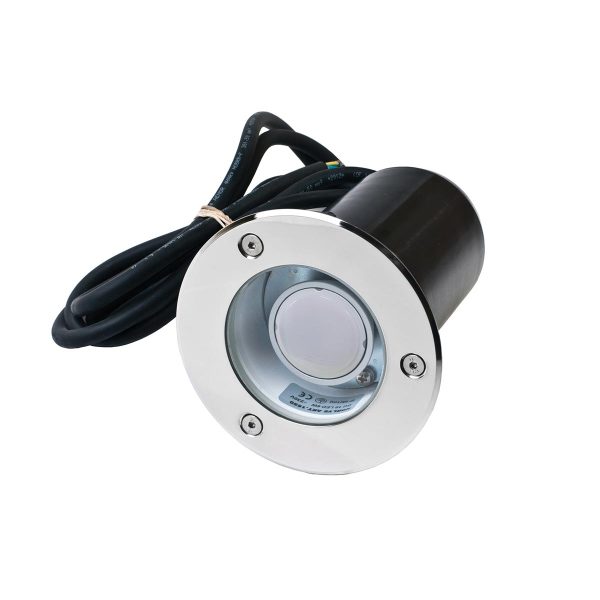 Norlys Rena aluminium ground light with round stainless steel cover on white background