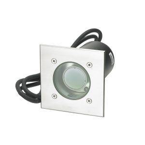 Norlys Rena aluminium ground light with square stainless steel cover on white background