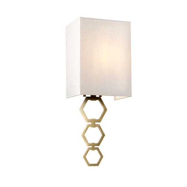 Elstead Ria small 1 light aged brass wall light with ivory shade on white background, lit