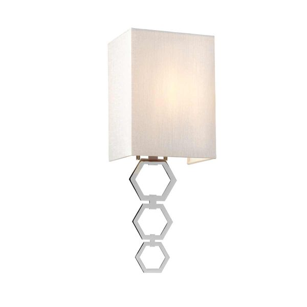 Elstead Ria small 1 light polished chrome wall light on white background, lit