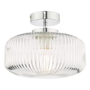 Riva bathroom ceiling light semi flush in chrome with ribbed glass on white background