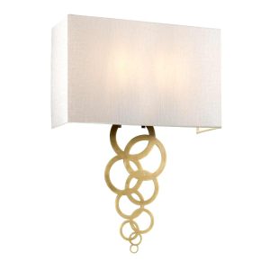 Elstead Rosa 2 light large aged brass wall light with ivory shade on white background, lit