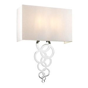 Elstead Rosa 2 light large polished chrome wall light with ivory shade on white background, lit