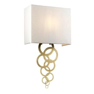 Elstead Rosa 1 light medium aged brass wall light with ivory shade on white background, lit