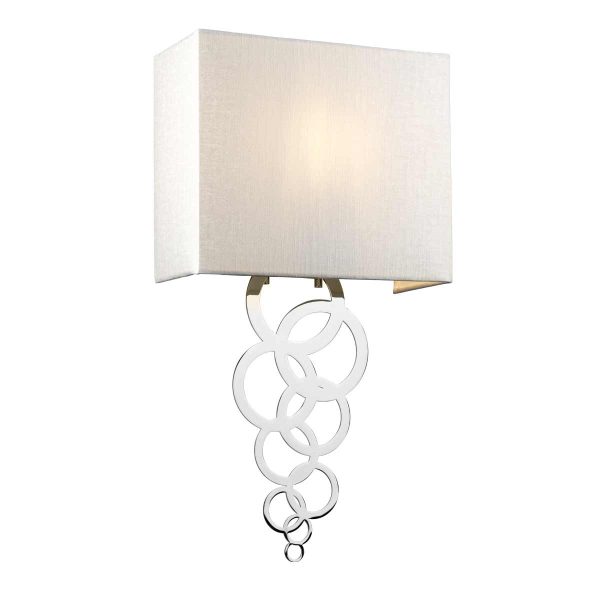 Elstead Rosa 1 light medium chrome wall light with ivory shade on white background, lit