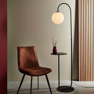 Satin black 1 light floor lamp with side table and opal glass shade roomset main image