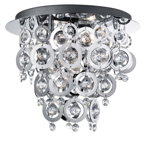 Nova 3 light flush mount ceiling light with polished chrome rings on white background
