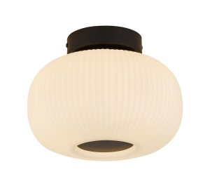 Stylish matt black 1 light flush low ceiling light with ribbed white glass shade