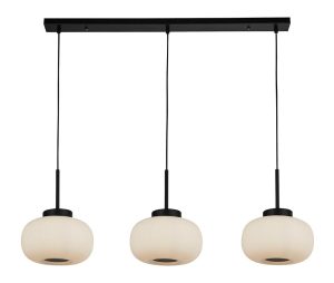 Stylish matt black 3 light ceiling pendant bar with ribbed white glass shades