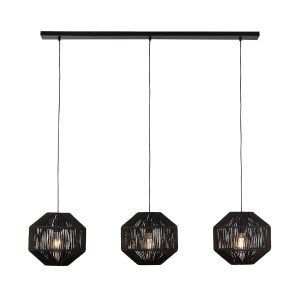Searchlight 11201-3BK trendy black wicker 3 lamp pendant ceiling light bar matt black full height