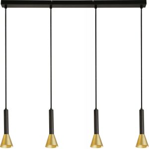 Signal modern 4 light bar pendant light in matt black and satin gold on white background lit