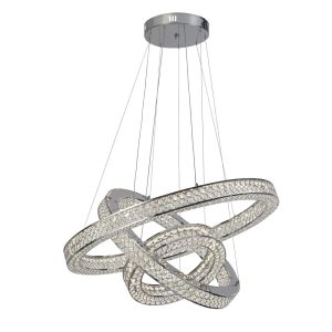 Bands dimmable LED 3 ring crystal ceiling pendant in polished chrome full height